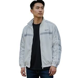 Vintage Reebok White Track Jacket Grey Stripe Y2K Windbreaker size Medium